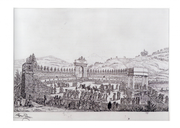 Dessin de la fête de la Pierre du Roy – Hôpital-sous-Conflans (aujourd'hui Albertville), 1824, Prosper DUNAND. coll Musée d'art et d'histoire d'Albertville