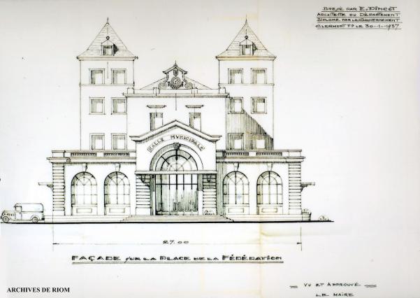 Dessin façade de la halle, E. Pincot 1937, Riom